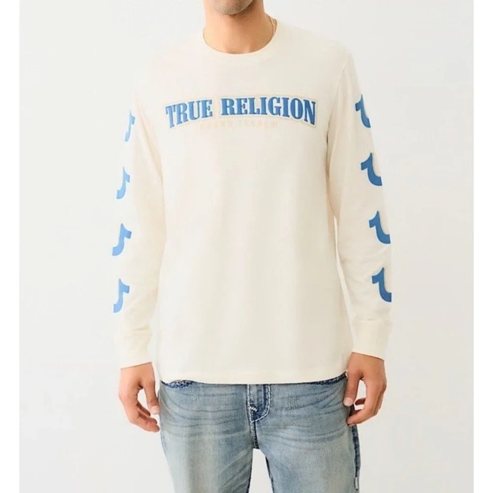 TRUE RELIGION Repeated 3D Horseshoe Long Sleeve Shirt Off White Mens M *NEW* $69